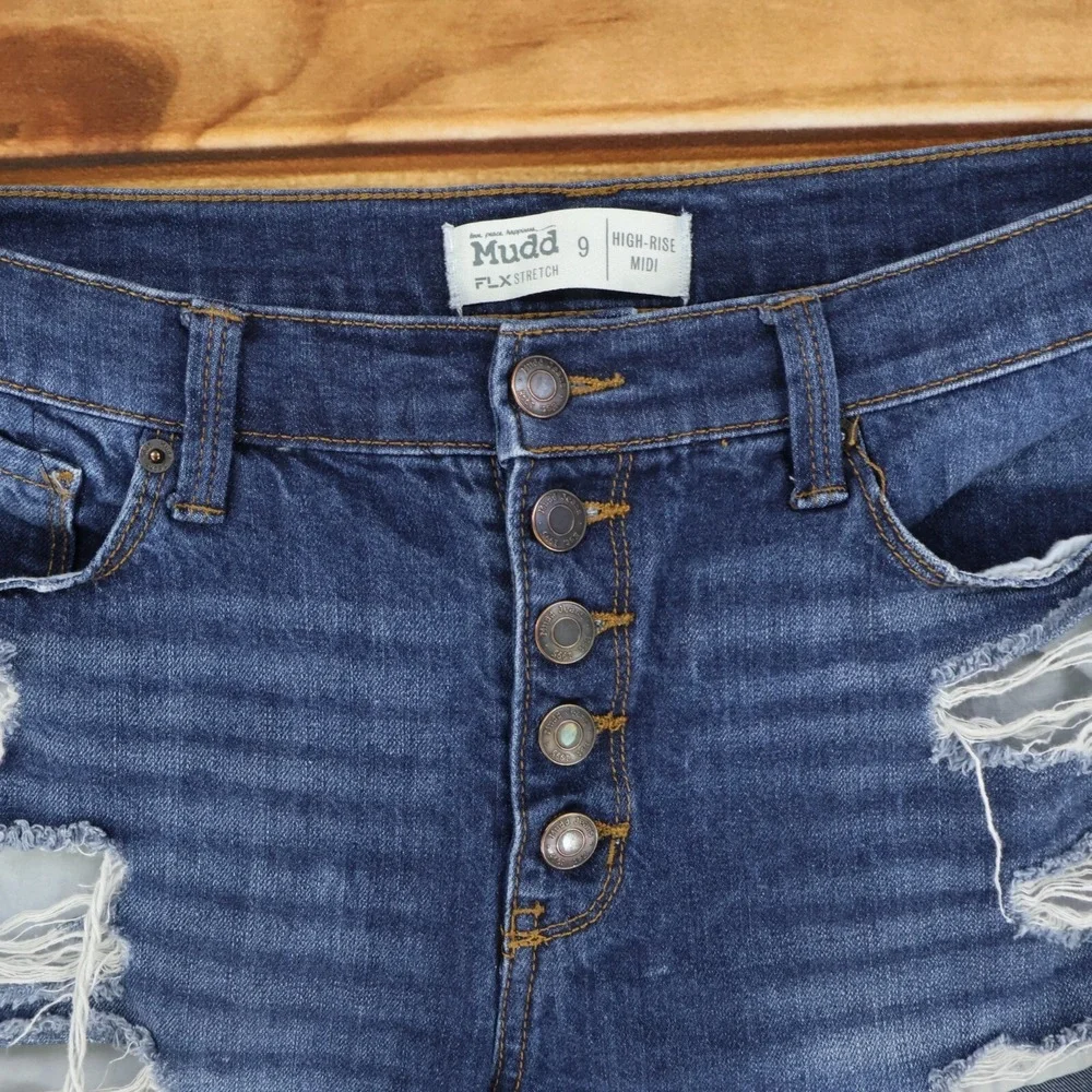 Mudd‎ Jean Shorts Distressed High Rise Midi Juniors Sz 9 Blue Stretch Button-Fly